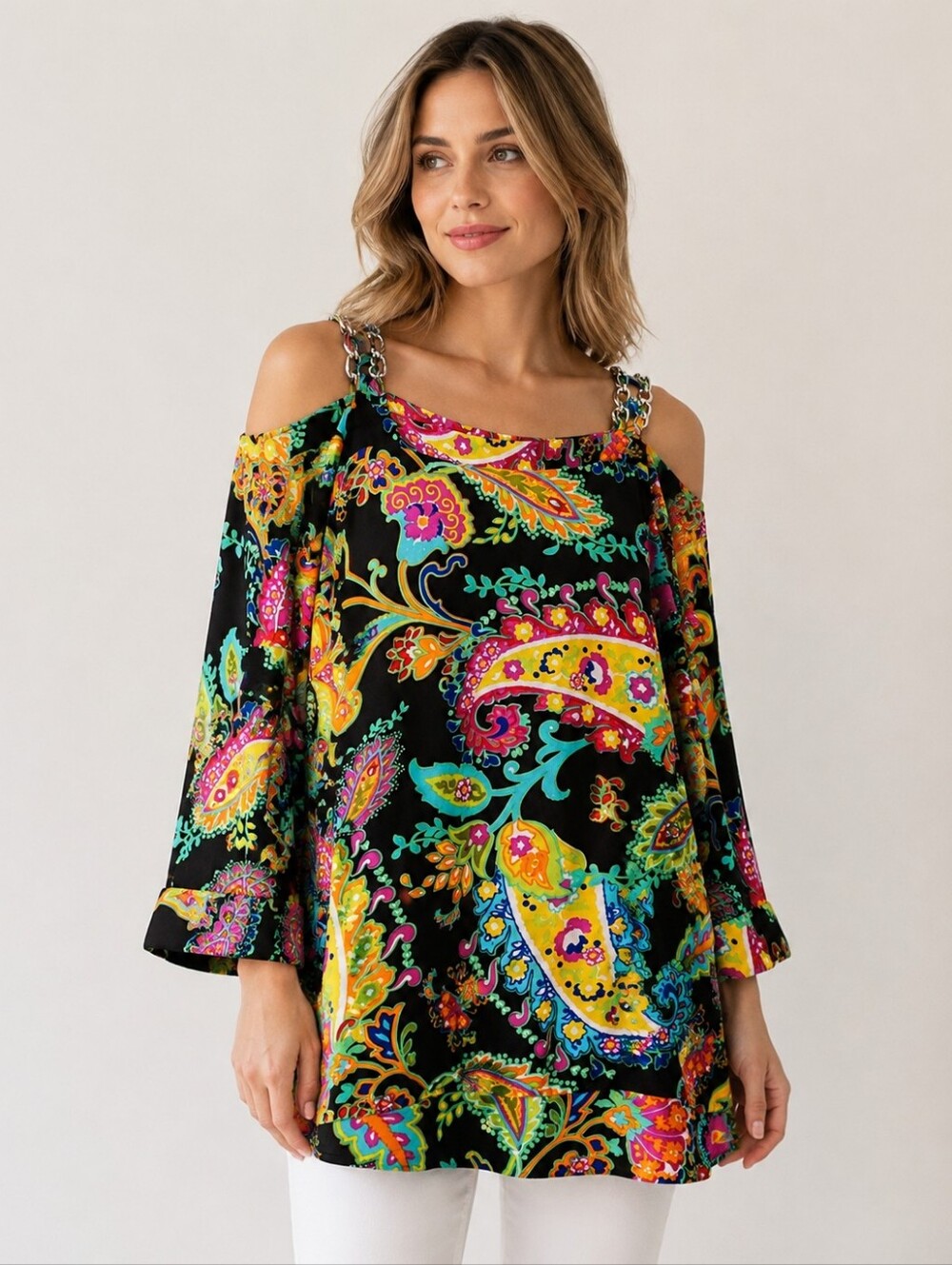 Peck & Peck Blouse Sz Lg Colorful Paisley Cold Shoulder Tunic Top Dopamine